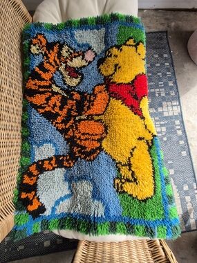 Plush Latch Hook Rug Featuring Classic Bear & Tiger in Yellow & Orange